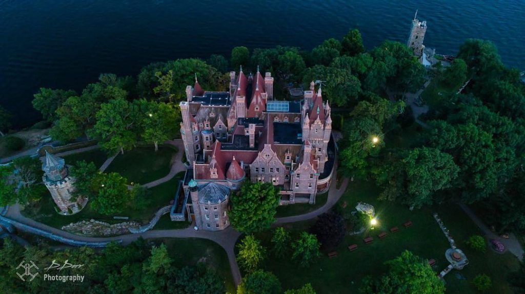 Boldt castle aerial view at night